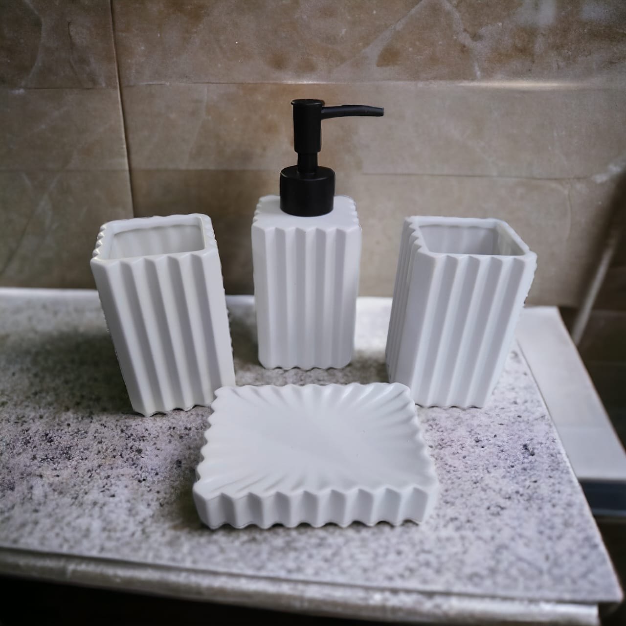 The Linear Luxe Bathroom Accessory Set - 1 Soap Dispenser + Toothbrush Holder + 1 Tumblers + 1 Soap Dish (W)