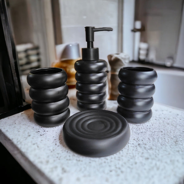 The 3D Orbit Bathroom Accessory Set - 1 Soap Dispenser + Toothbrush Holder + 1 Tumblers + 1 Soap Dish (W)