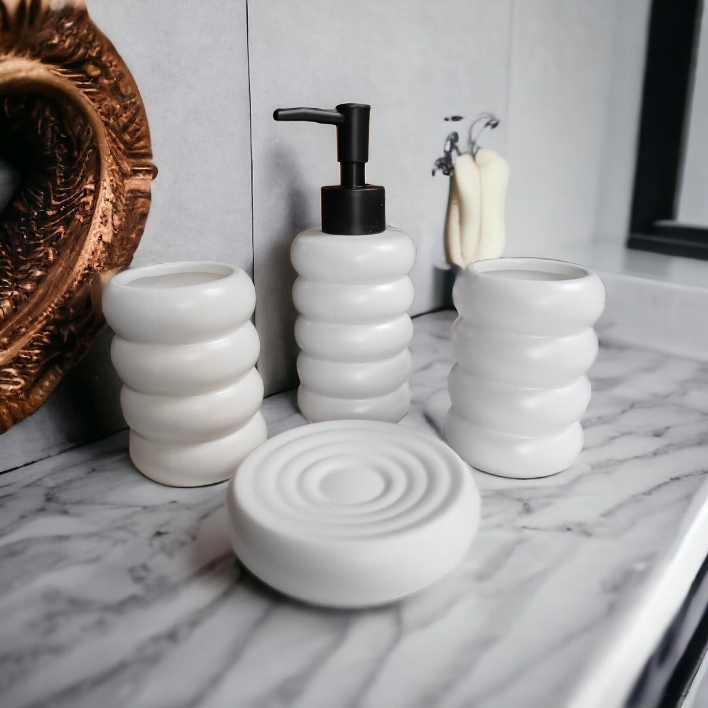 The 3D Orbit Bathroom Accessory Set - 1 Soap Dispenser + Toothbrush Holder + 1 Tumblers + 1 Soap Dish (W)