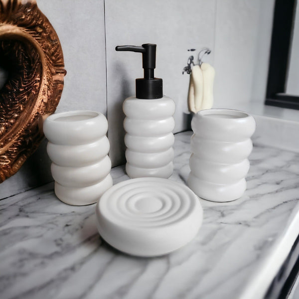 The 3D Orbit Bathroom Accessory Set - 1 Soap Dispenser + Toothbrush Holder + 1 Tumblers + 1 Soap Dish (W)