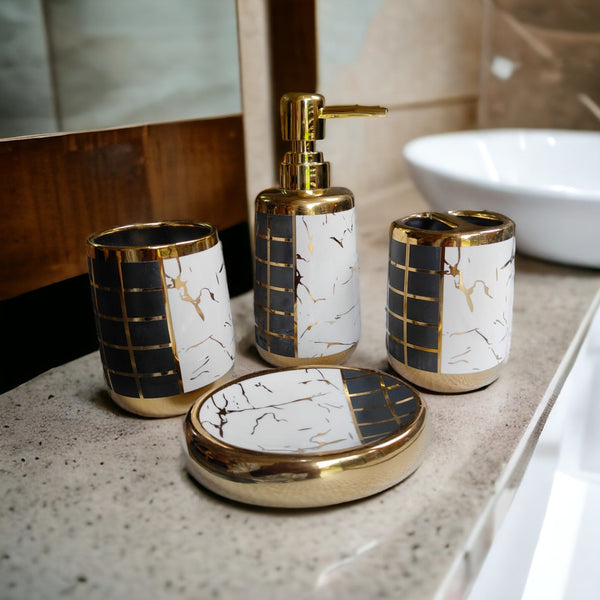 Symmetry Modern Bathroom Accessories Set - 1 Soap Dispenser + Toothbrush Holder + 1 Tumblers + 1 Soap Dish (W)