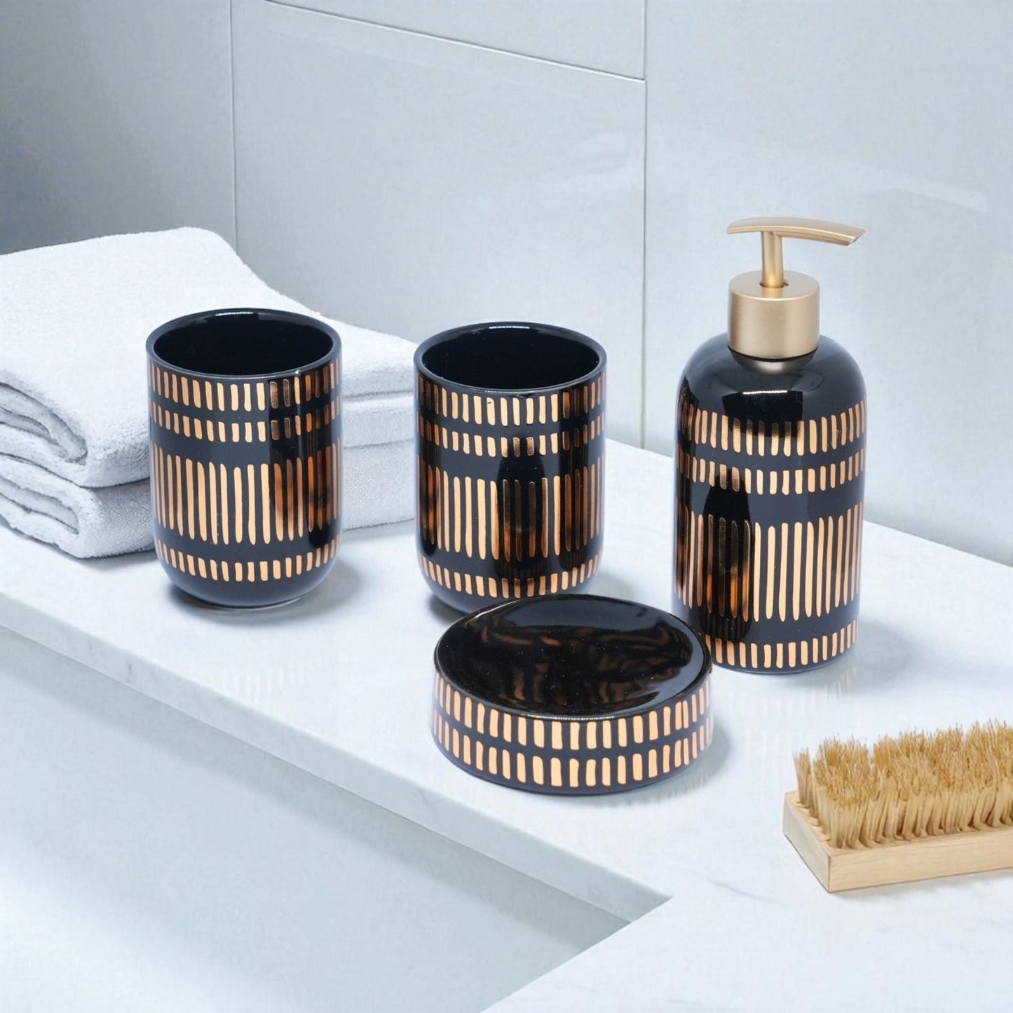 Elementa Bathroom Accessories Set - 1 Soap Dispenser + Toothbrush Holder + 1 Tumblers + 1 Soap Dish (W)