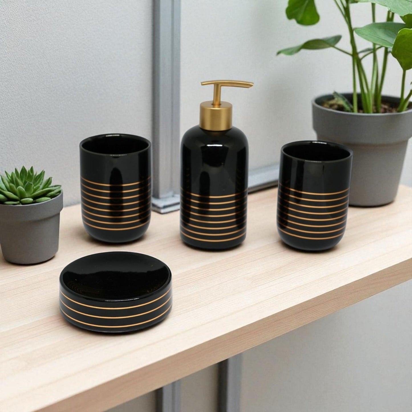 ModaCurve Vanity Bathroom Accessories Set - 1 Soap Dispenser + Toothbrush Holder + 1 Tumblers + 1 Soap Dish (W)
