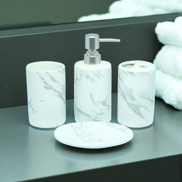 Luxe Bathroom Accessories Set - 1 Soap Dispenser + Toothbrush Holder + 1 Tumblers + 1 Soap Dish (W)