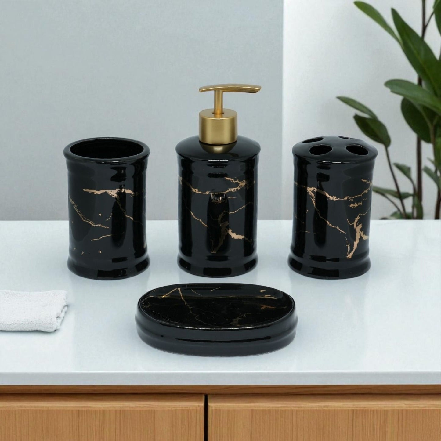 Elysian Marble Accents Bathroom Accessories Set - 1 Soap Dispenser + Toothbrush Holder + 1 Tumblers + 1 Soap Dish (W)