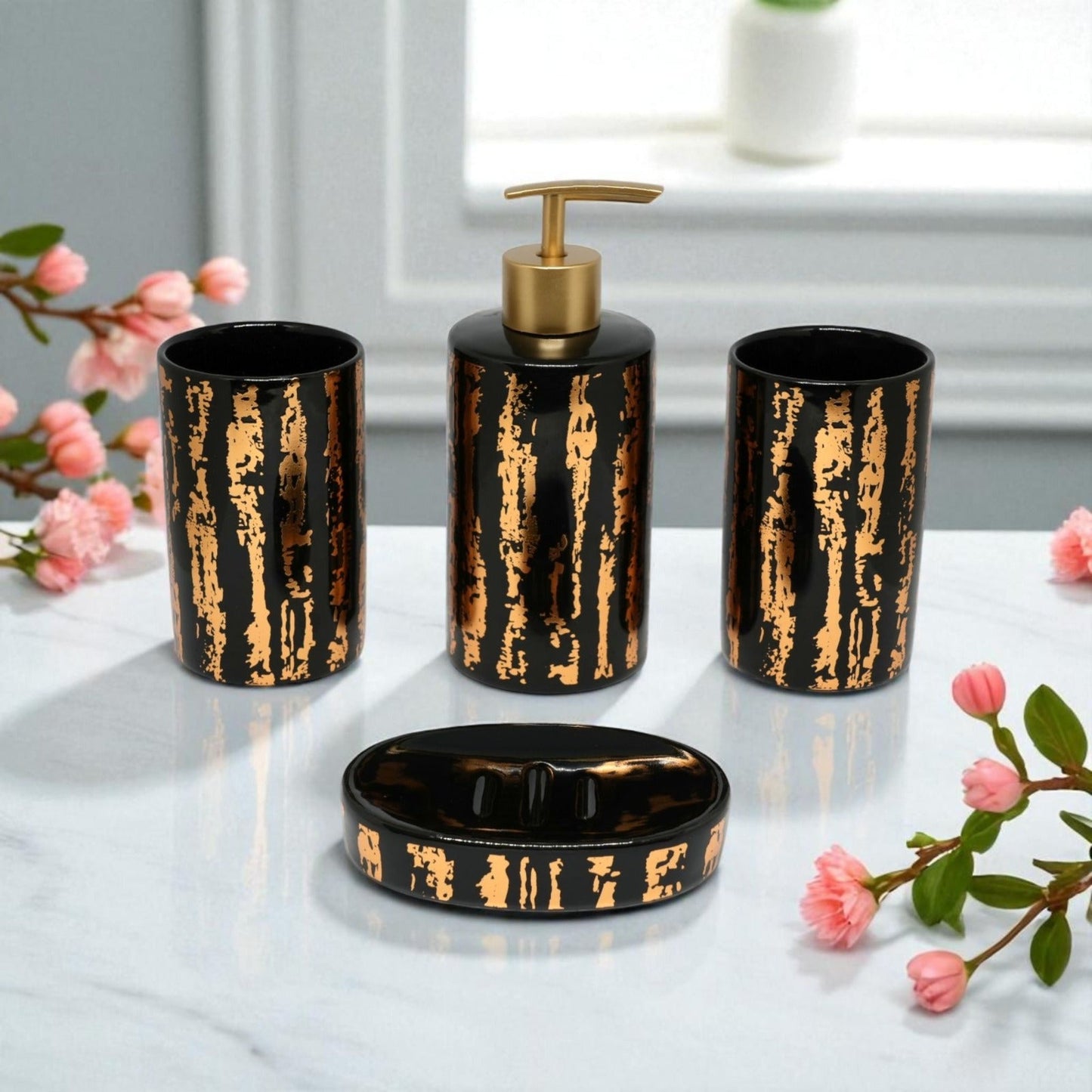 Midnight & Mist Bathroom Accessories Set - 1 Soap Dispenser + Toothbrush Holder + 1 Tumblers + 1 Soap Dish (W)