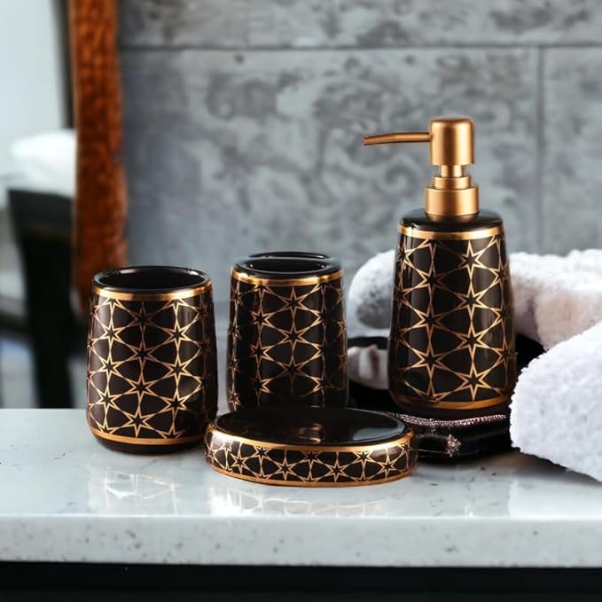 Elegant Glossy Finish Bathroom Accessories Set - 1 Soap Dispenser + Toothbrush Holder + 1 Tumblers + 1 Soap Dish (W)