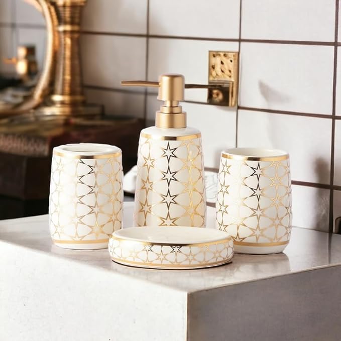 Elegant Glossy Finish Bathroom Accessories Set - 1 Soap Dispenser + Toothbrush Holder + 1 Tumblers + 1 Soap Dish (W)