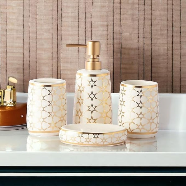 Elegant Glossy Finish Bathroom Accessories Set - 1 Soap Dispenser + Toothbrush Holder + 1 Tumblers + 1 Soap Dish (W)