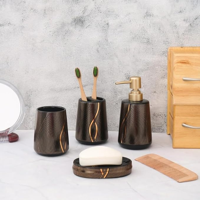 Monochrome Muse Bathroom Accessories Set - 1 Soap Dispenser + Toothbrush Holder + 1 Tumblers + 1 Soap Dish (W)