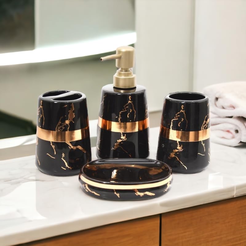 Minimalist Metallic Design Bathroom Accessories Set - 1 Soap Dispenser + Toothbrush Holder + 1 Tumblers + 1 Soap Dish (W)