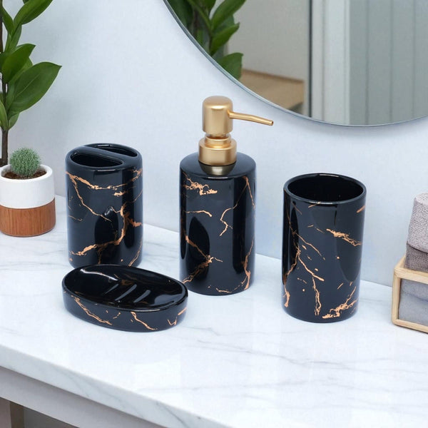 The Midnight Onyx Bathroom Accessories Set - 1 Soap Dispenser + Toothbrush Holder + 1 Tumblers + 1 Soap Dish (W)