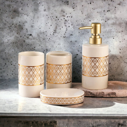Luxurious Gold Quatrefoil Trellis Bathroom Accessories Set - 1 Soap Dispenser + Toothbrush Holder + 1 Tumblers + 1 Soap Dish (W)