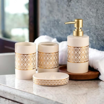 Luxurious Gold Quatrefoil Trellis Bathroom Accessories Set - 1 Soap Dispenser + Toothbrush Holder + 1 Tumblers + 1 Soap Dish (W)