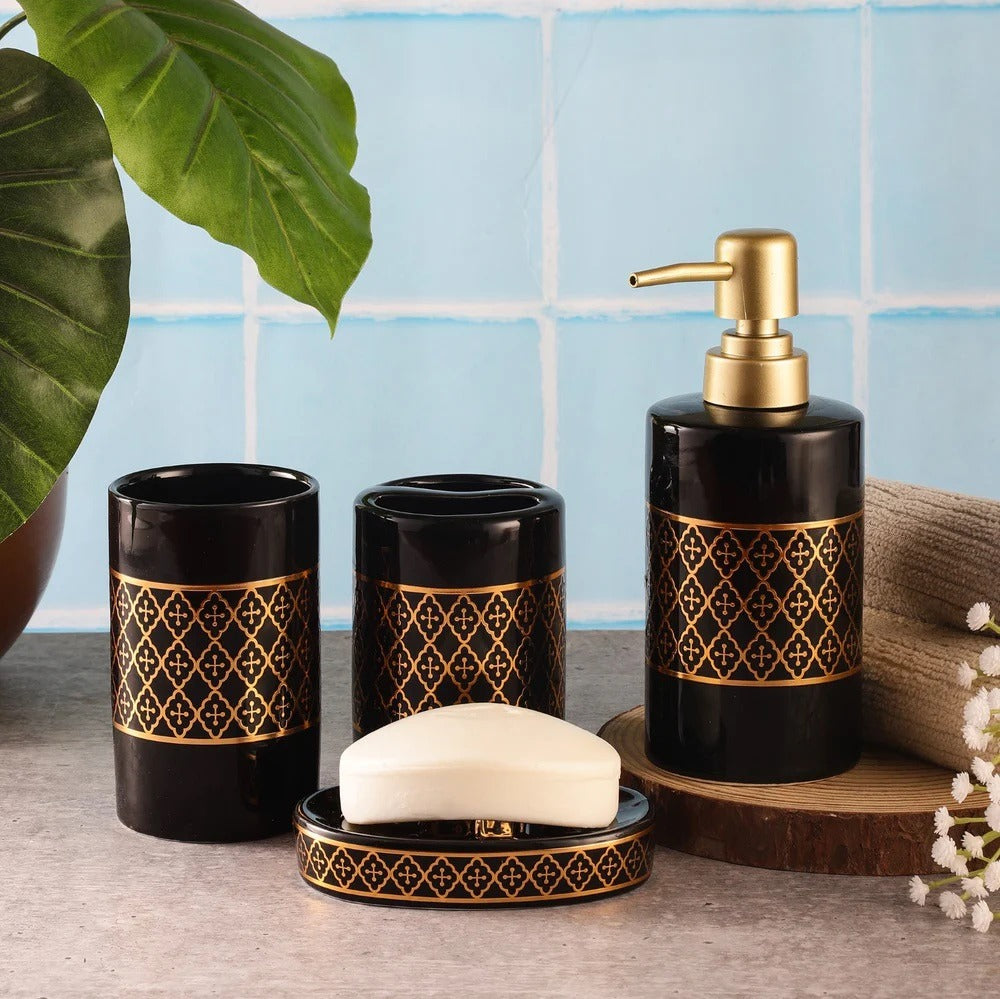 Luxurious Gold Quatrefoil Trellis Bathroom Accessories Set - 1 Soap Dispenser + Toothbrush Holder + 1 Tumblers + 1 Soap Dish (W)