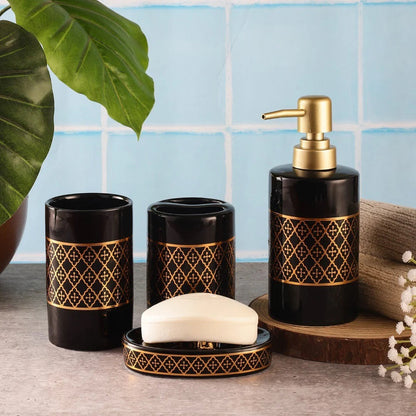Luxurious Gold Quatrefoil Trellis Bathroom Accessories Set - 1 Soap Dispenser + Toothbrush Holder + 1 Tumblers + 1 Soap Dish (W)