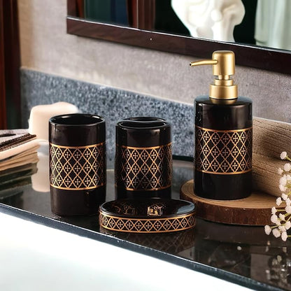 Luxurious Gold Quatrefoil Trellis Bathroom Accessories Set - 1 Soap Dispenser + Toothbrush Holder + 1 Tumblers + 1 Soap Dish (W)