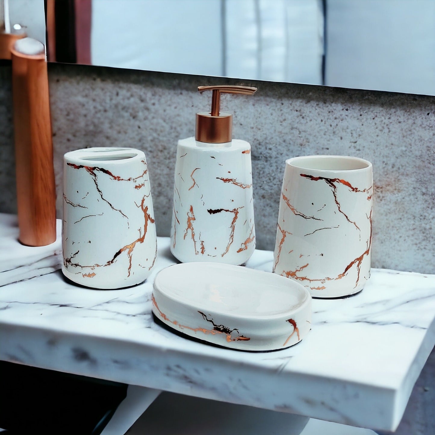 Marble Glow Bathroom Accessories Set - 1 Soap Dispenser + Toothbrush Holder + 1 Tumblers + 1 Soap Dish (W) Urban Nivasa