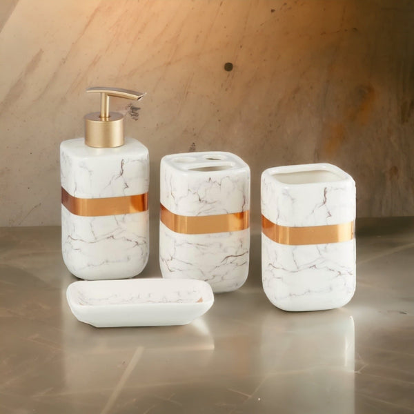 White Marble & Gold Bathroom Accessories Set - 1 Soap Dispenser + Toothbrush Holder + 1 Tumblers + 1 Soap Dish (W)