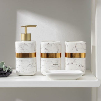 White Marble & Gold Bathroom Accessories Set - 1 Soap Dispenser + Toothbrush Holder + 1 Tumblers + 1 Soap Dish (W)