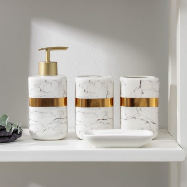 White Marble & Gold Bathroom Accessories Set - 1 Soap Dispenser + Toothbrush Holder + 1 Tumblers + 1 Soap Dish (W)