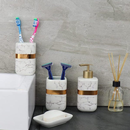 White Marble & Gold Bathroom Accessories Set - 1 Soap Dispenser + Toothbrush Holder + 1 Tumblers + 1 Soap Dish (W)