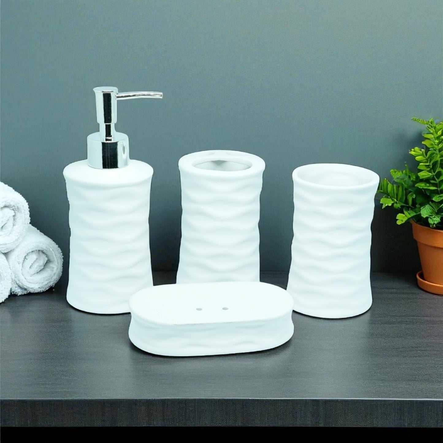 Ripple Design Bath Accessories Set - 1 Soap Dispenser + Toothbrush Holder + 1 Tumblers + 1 Soap Dish (W)