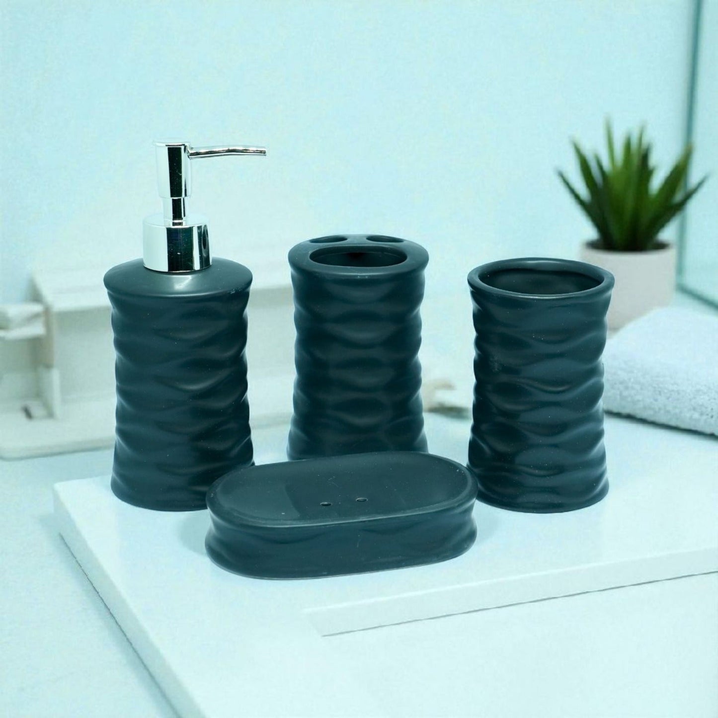 Ripple Design Bath Accessories Set - 1 Soap Dispenser + Toothbrush Holder + 1 Tumblers + 1 Soap Dish (W) Urban Nivasa
