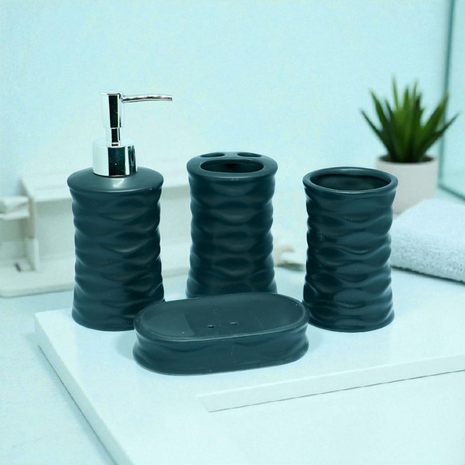 Ripple Design Bath Accessories Set - 1 Soap Dispenser + Toothbrush Holder + 1 Tumblers + 1 Soap Dish (W) Urban Nivasa