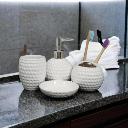 Honeycomb Bath Accessories Set - 1 Soap Dispenser + Toothbrush Holder + 1 Tumblers + 1 Soap Dish (W)