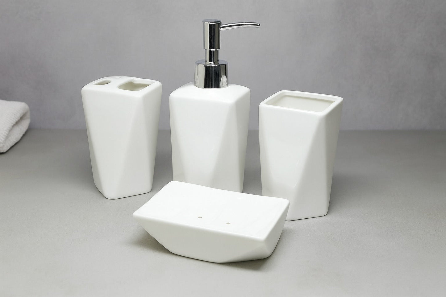 Geometric White Bath Accessories Set - 1 Soap Dispenser + Toothbrush Holder + 1 Tumblers + 1 Soap Dish (W)