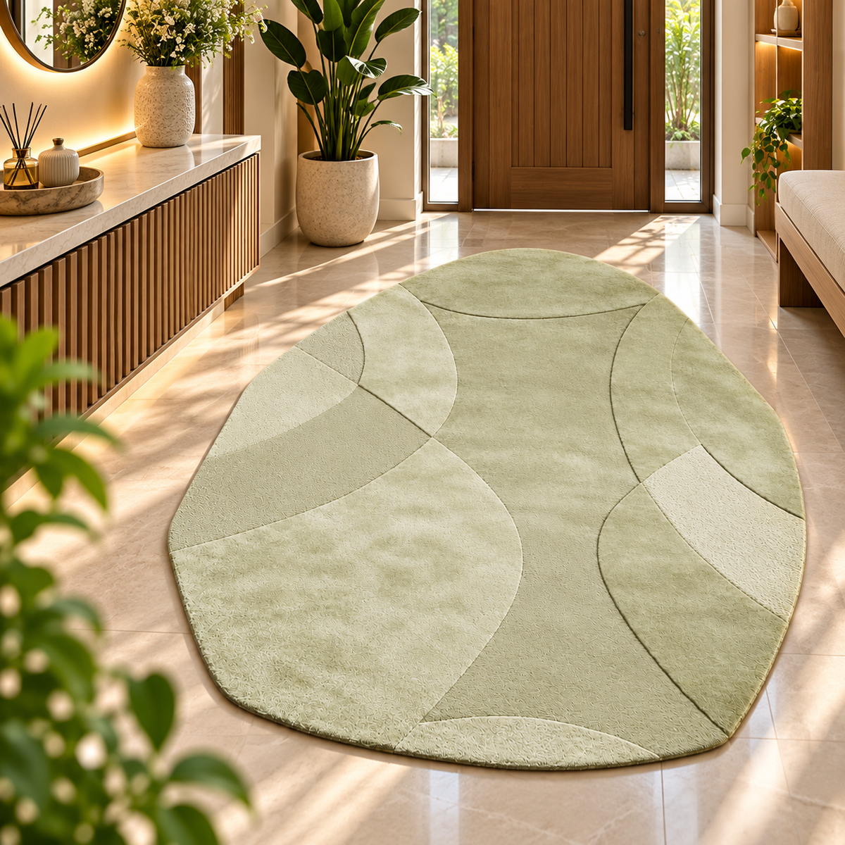 Ivory Minimalist Curve Rug | Subtle Flowing Curved Lines on Solid Base (GG)