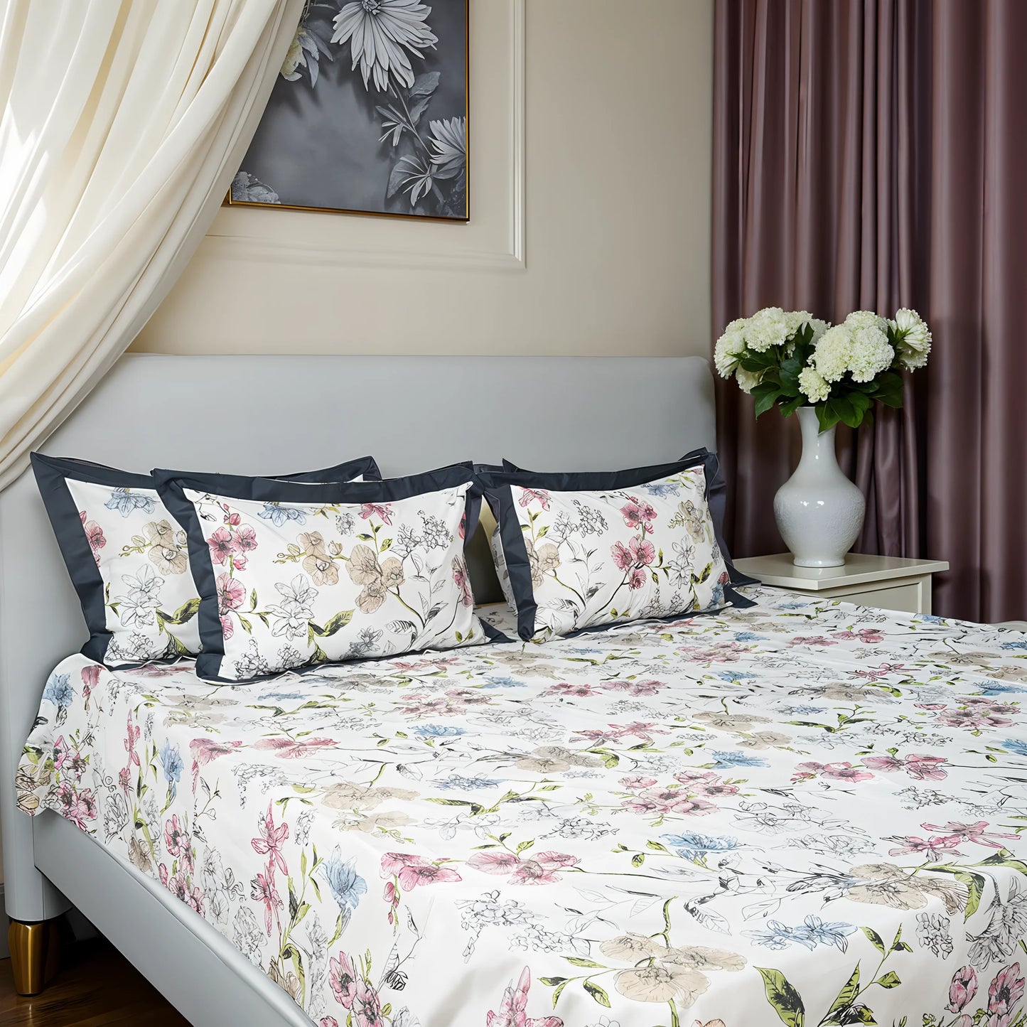 Laska Nature Note (150 TC) - 100% Cotton King-Size Bedsheet + 2 Pillow Covers