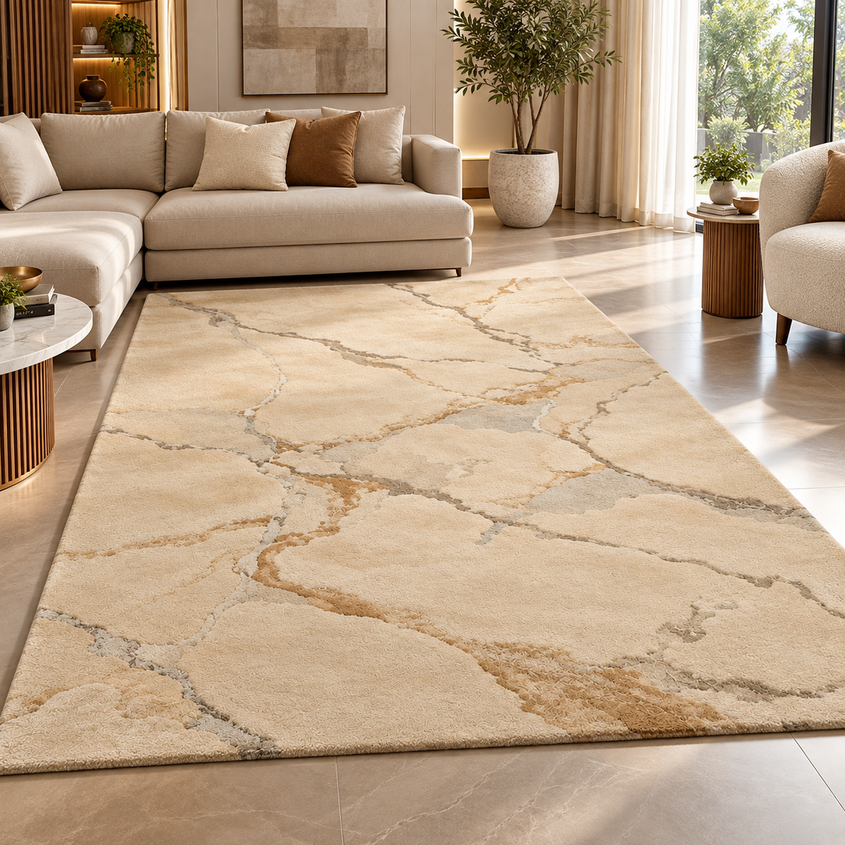 Marble Beige New Zealand Wool Rug| Veining Pattern (GG)