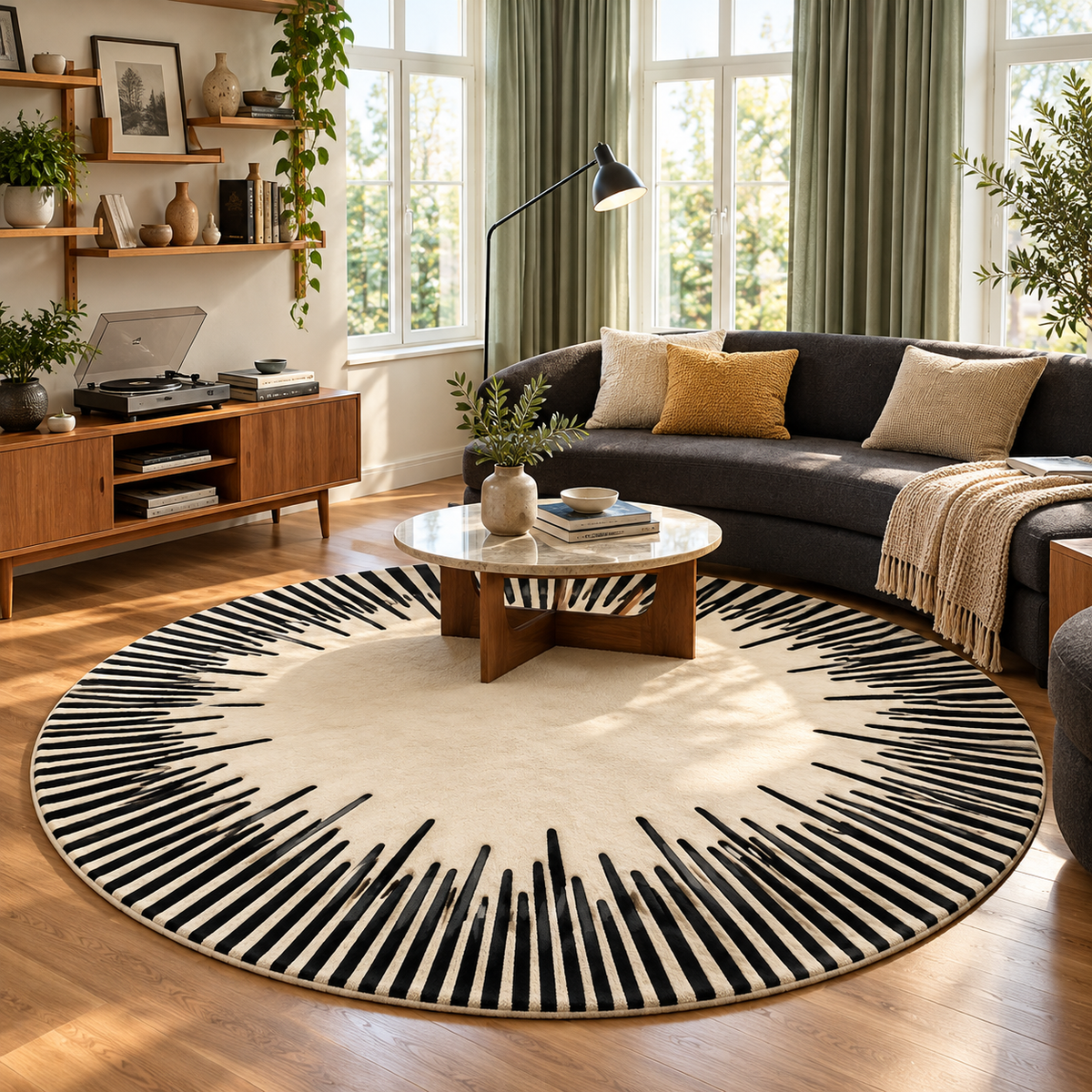 Modern Geometric Starburst Round Rug | Multi-Layered Geometric Starburst Motif (GG)