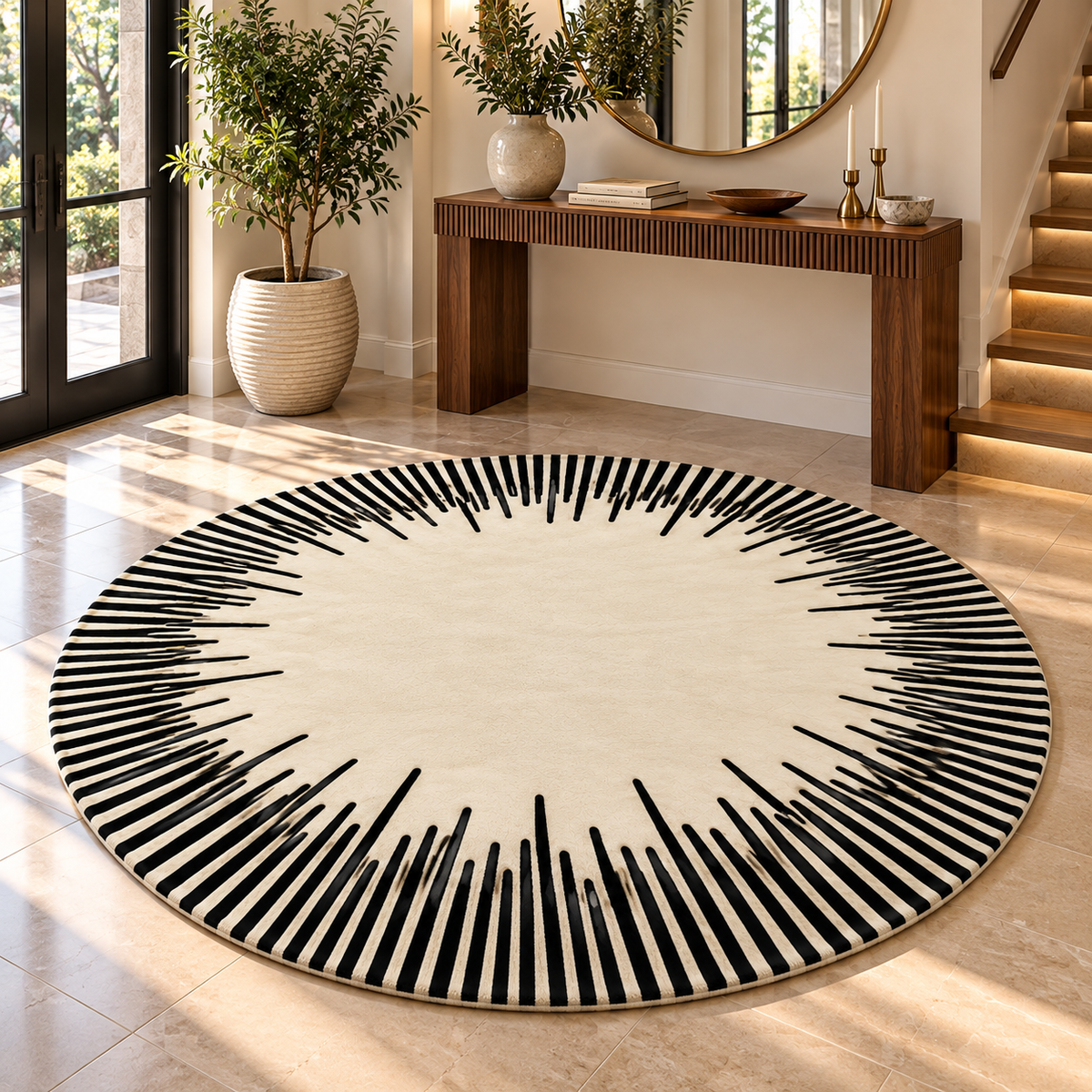 Modern Geometric Starburst Round Rug | Multi-Layered Geometric Starburst Motif (GG)