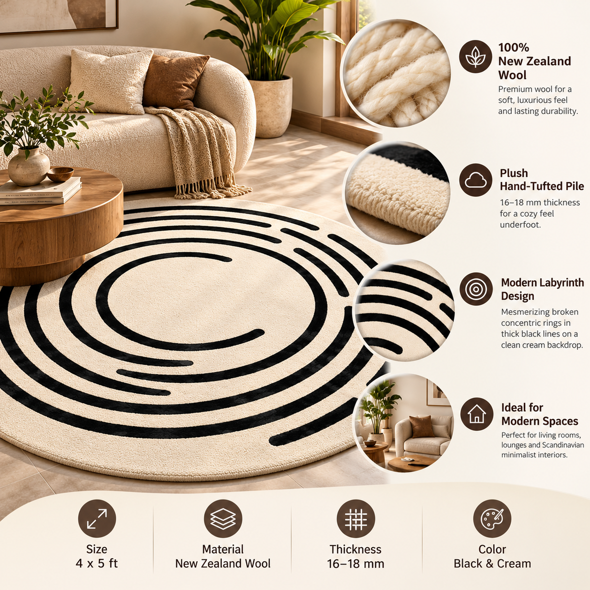 Modern Labyrinth Concentric Round Rug | Broken Concentric Labyrinth Rings (GG)