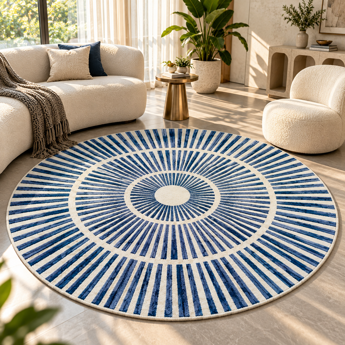 Modern Radiating Dashed Round Rug | Multi-Layered Concentric Radiating Dashed Lines (GG)