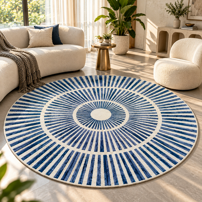 Modern Radiating Dashed Round Rug | Multi-Layered Concentric Radiating Dashed Lines (GG)