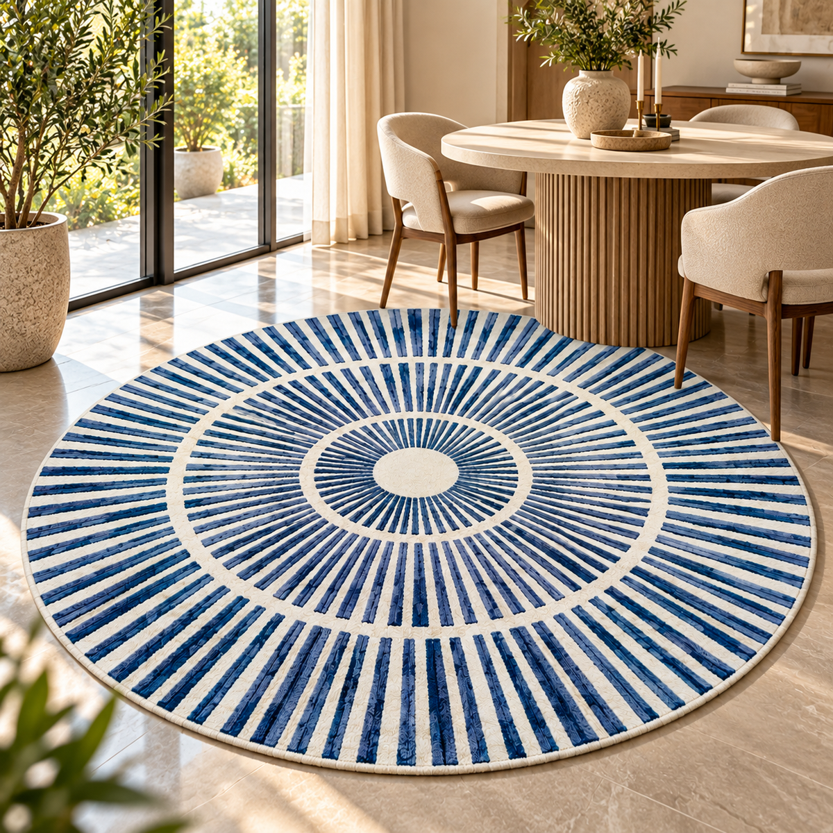 Modern Radiating Dashed Round Rug | Multi-Layered Concentric Radiating Dashed Lines (GG)
