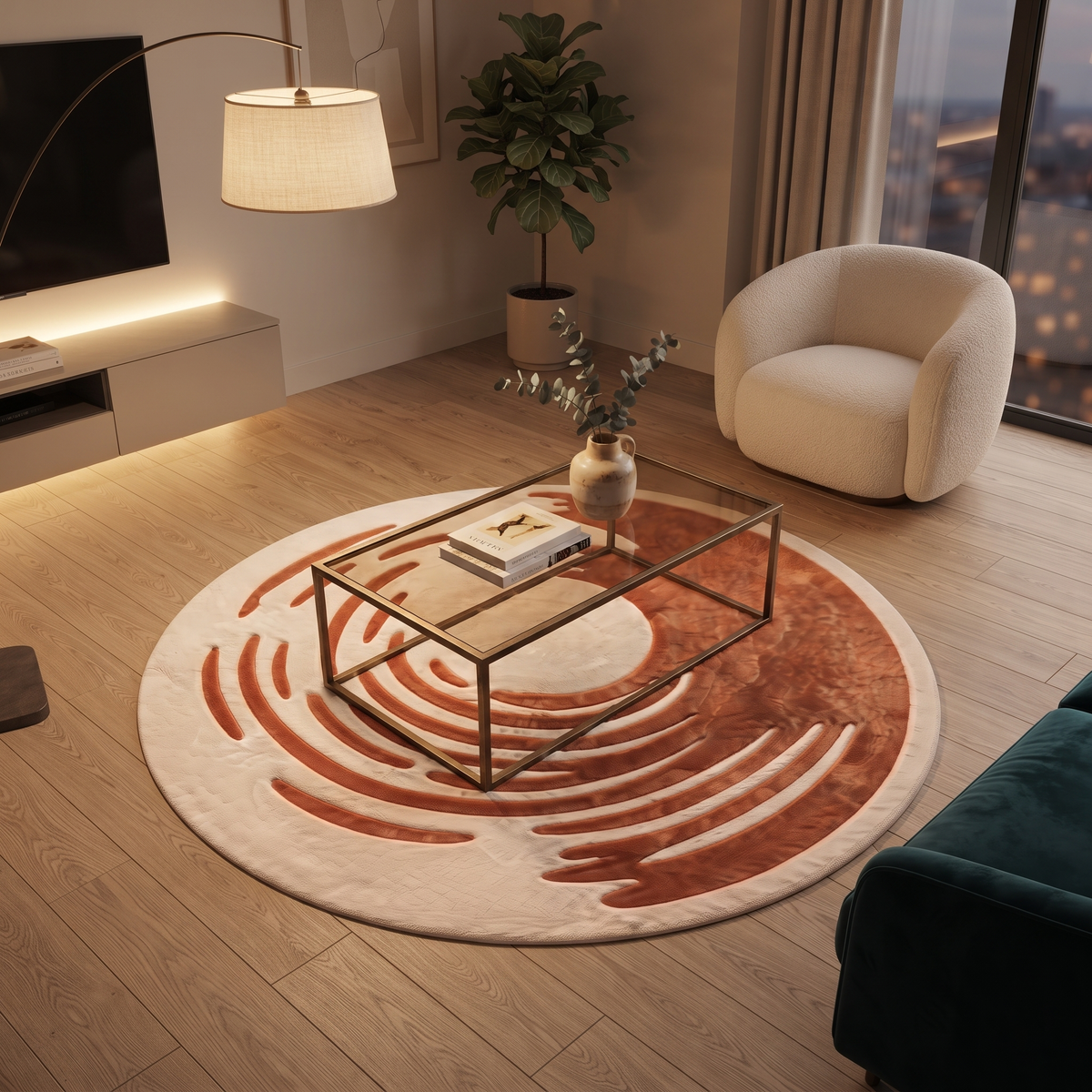 Modern Spiral Wool Rug | Artistic Crescent Spiral Pattern (GG)