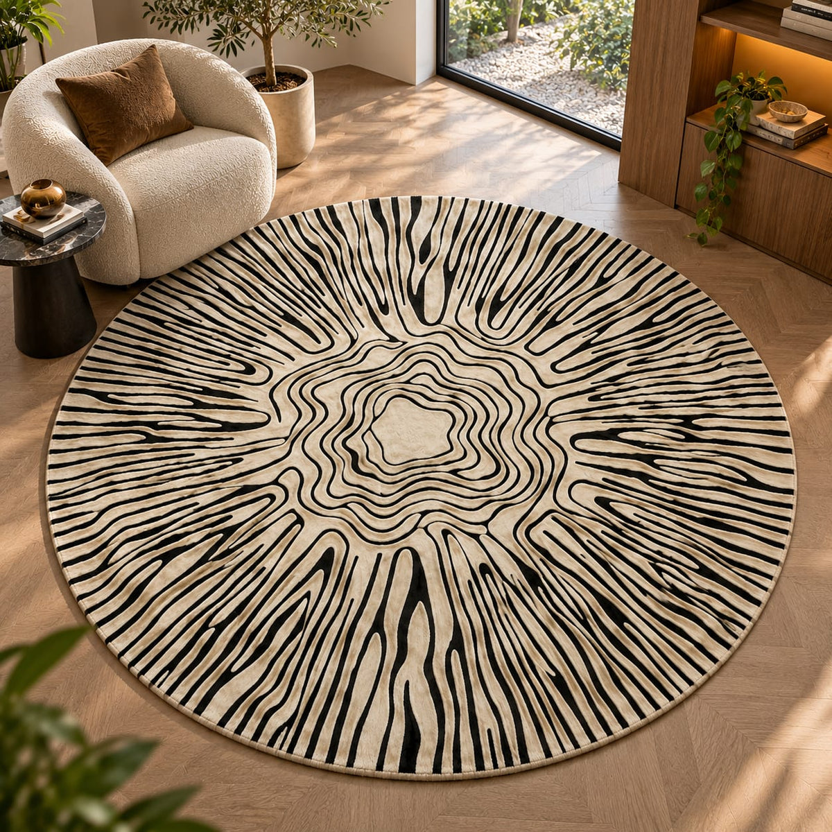 Monochrome Radiant Rug | Circular Radial Wood Grain Pattern (GG)