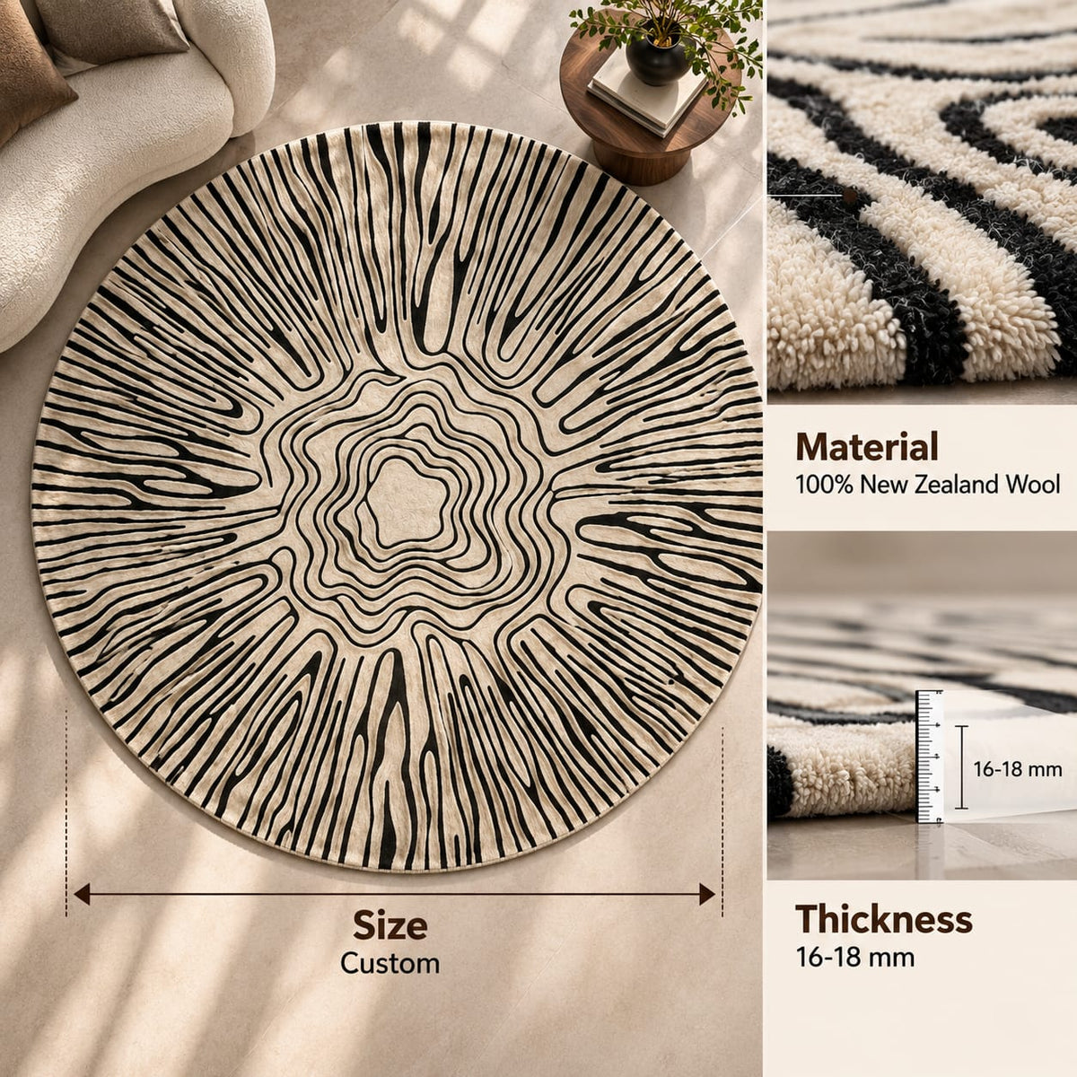 Monochrome Radiant Rug | Circular Radial Wood Grain Pattern (GG)