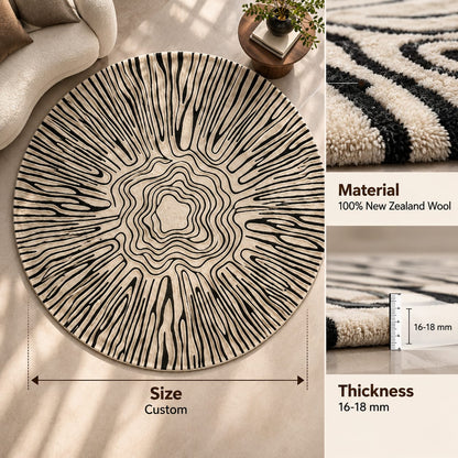 Monochrome Radiant Rug | Circular Radial Wood Grain Pattern (GG)
