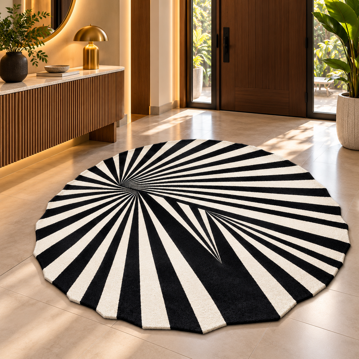 Monochrome Spiral Burst Rug | Radial Spiral Burst Stripe Pattern (GG)