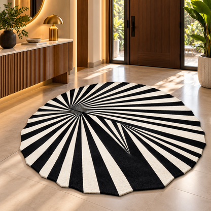 Monochrome Spiral Burst Rug | Radial Spiral Burst Stripe Pattern (GG)