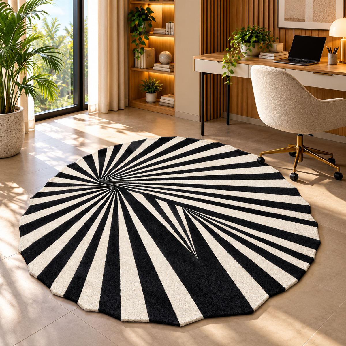 Monochrome Spiral Burst Rug | Radial Spiral Burst Stripe Pattern (GG)