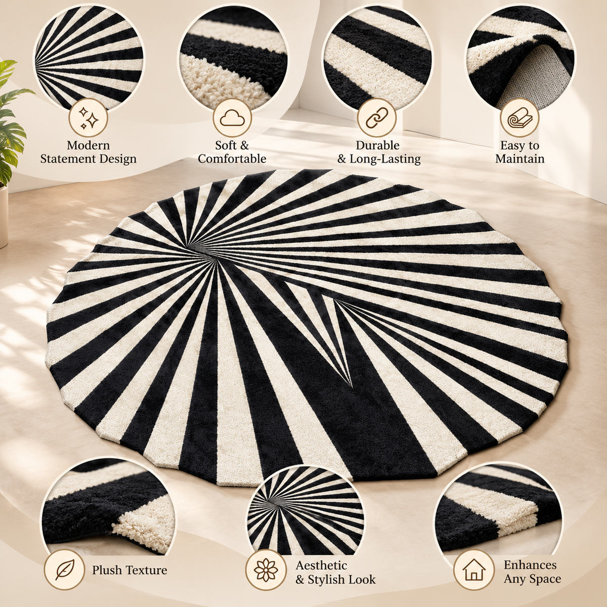 Monochrome Spiral Burst Rug | Radial Spiral Burst Stripe Pattern (GG)