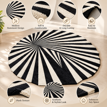 Monochrome Spiral Burst Rug | Radial Spiral Burst Stripe Pattern (GG)
