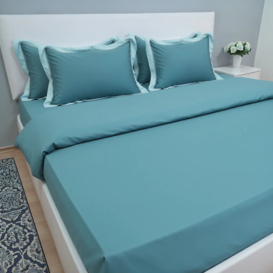 Moon Pistachio Sky (400TC) - 100% Cotton King-Size Bedsheet + 2 Pillow Covers
